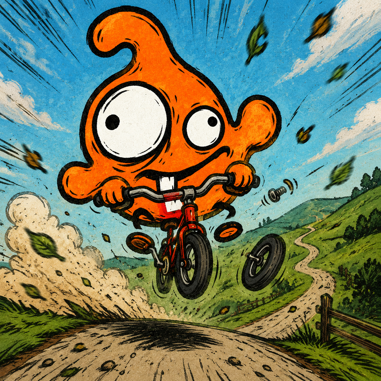 Nubb riding a bicycle in a chaotic meme scene