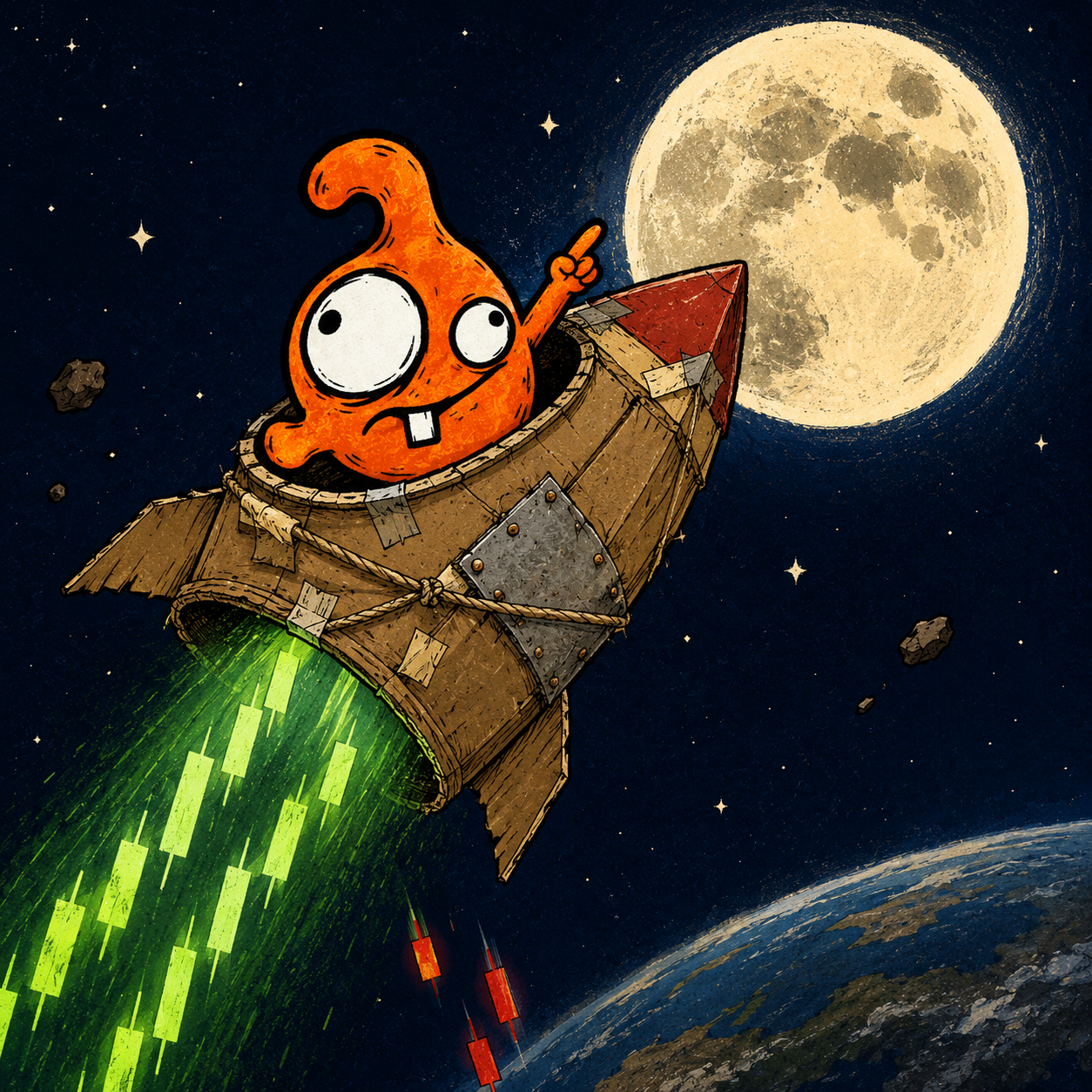 Nubb flying toward the moon in a cardboard rocket