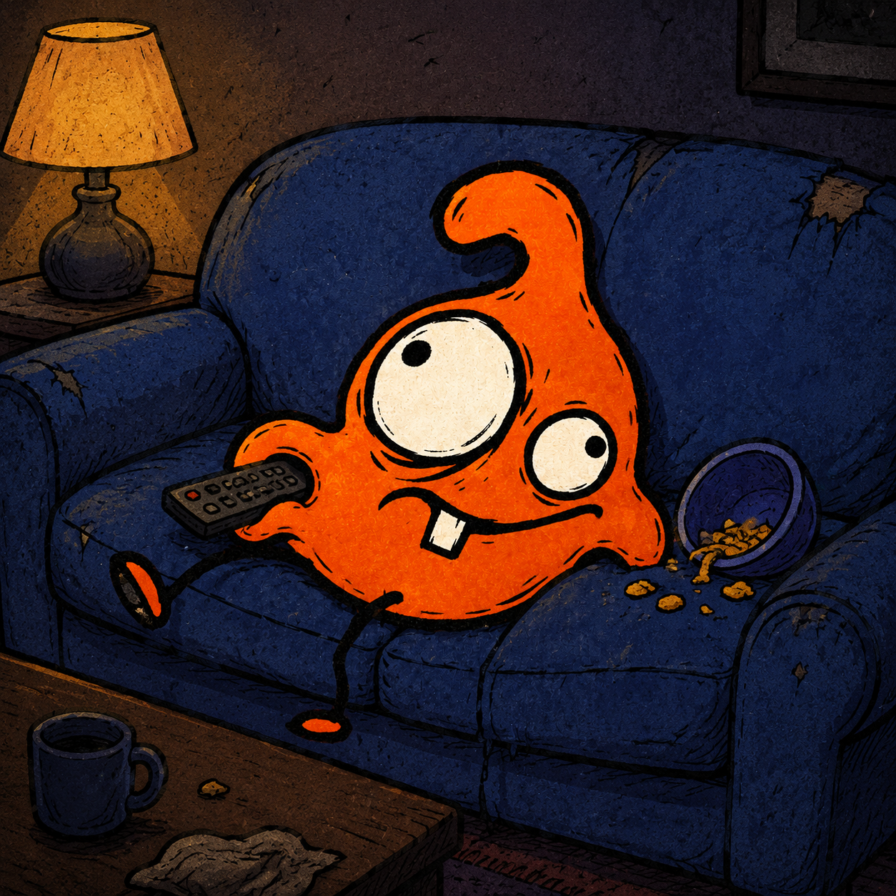 Nubb relaxing on a blue sofa with snacks and a remote